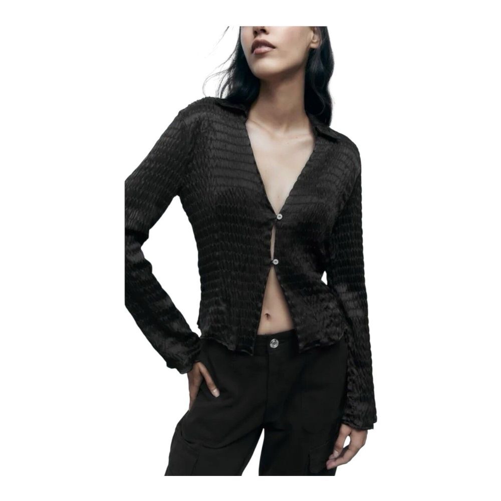 Zara Black Basic Satin Effect Button Down Loose‎ … - image 1